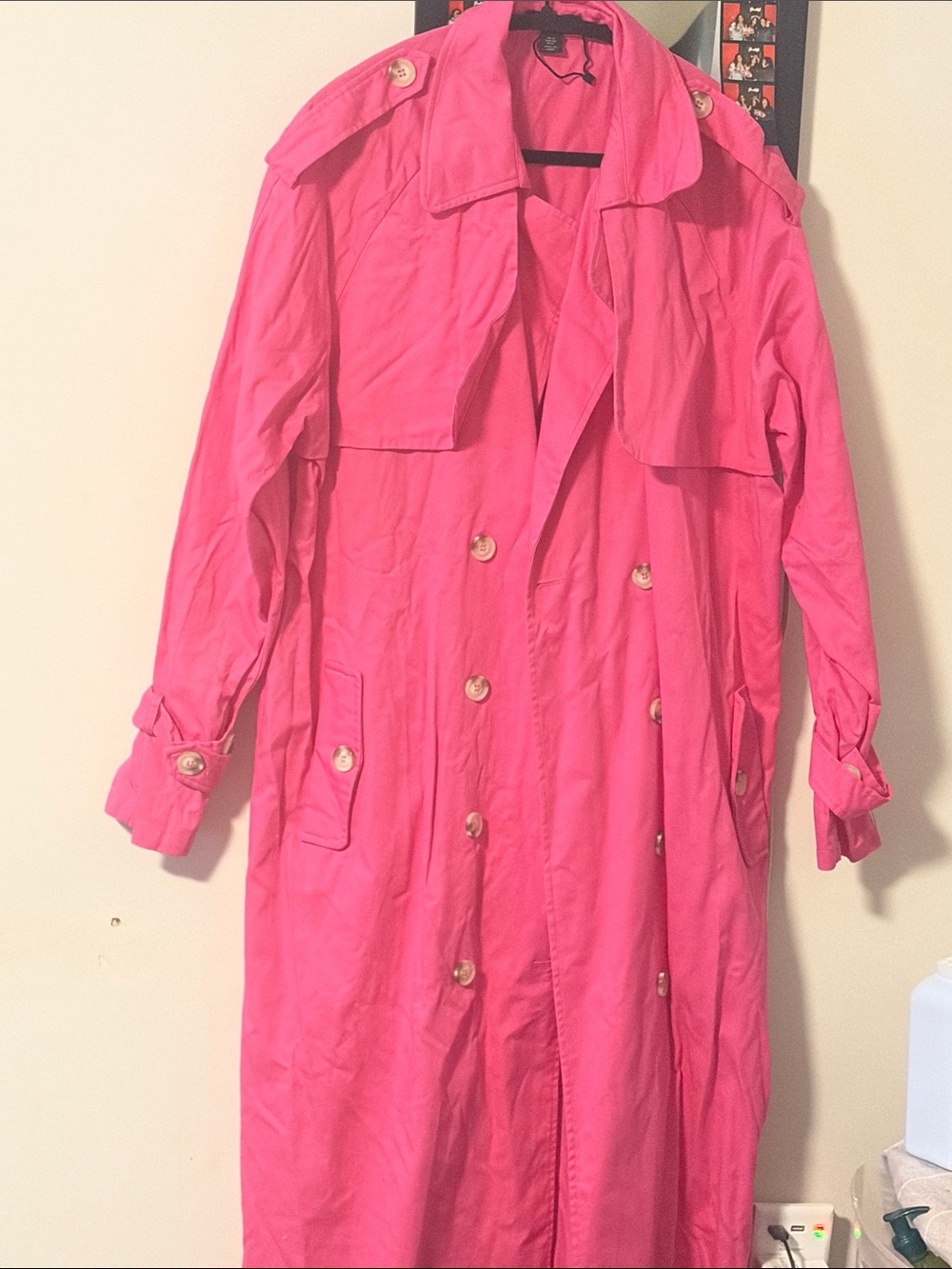 PrettyLittleThing Vivid Pink Double-Breasted Long Trench Coat
